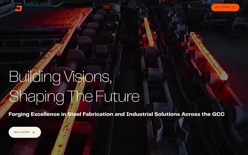 Forge Five Engineering home page: “Building Visions, Shaping The Future” over molten steel on a production line