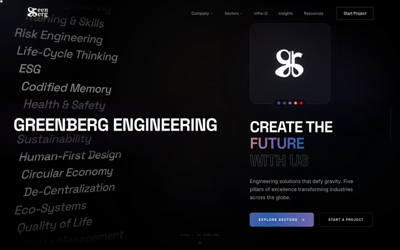 Greenberg Engineering home page: “Create the future with us” beside the Greenberg monogram on black