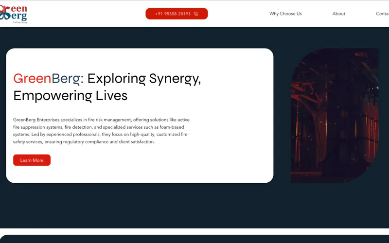 GreenBerg Enterprises home page: “Exploring Synergy, Empowering Lives” in a white card on navy