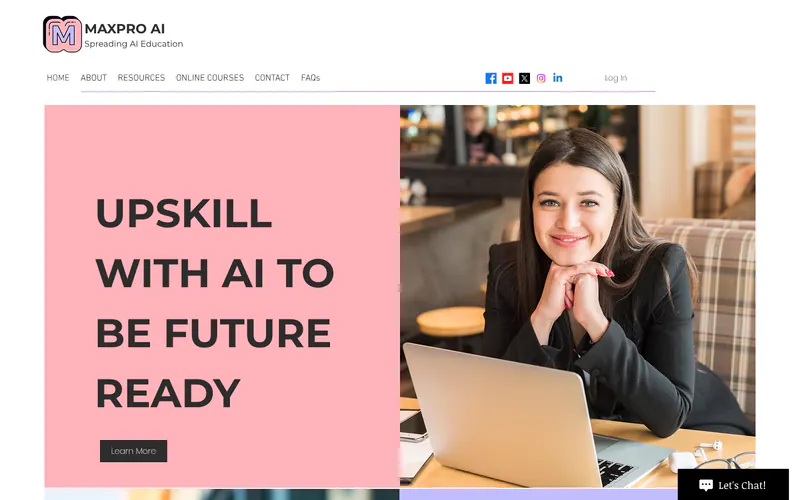 MAXPRO AI home page: “Upskill with AI to be future ready” on a pink panel beside a photo