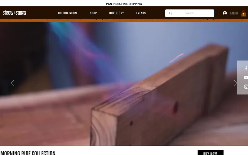 Stroll and Swing store home page: dark header with collections above a workshop video hero