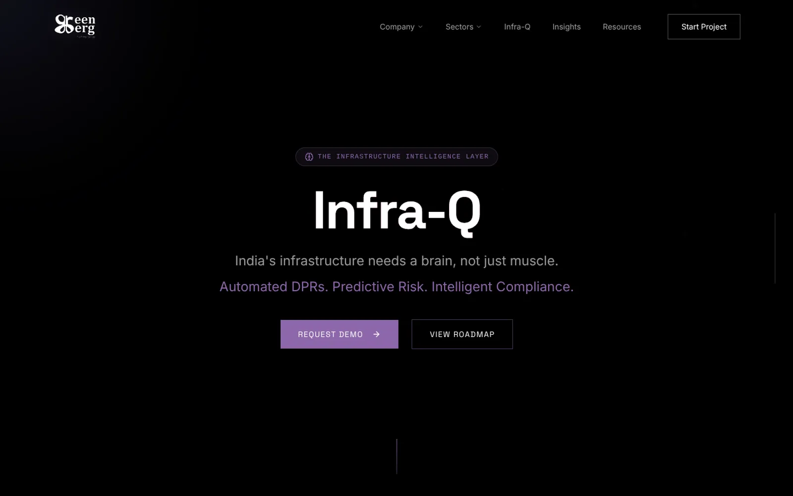 Infra-Q product page: “Infra-Q” headline and “Automated DPRs. Predictive Risk. Intelligent Compliance.” on black