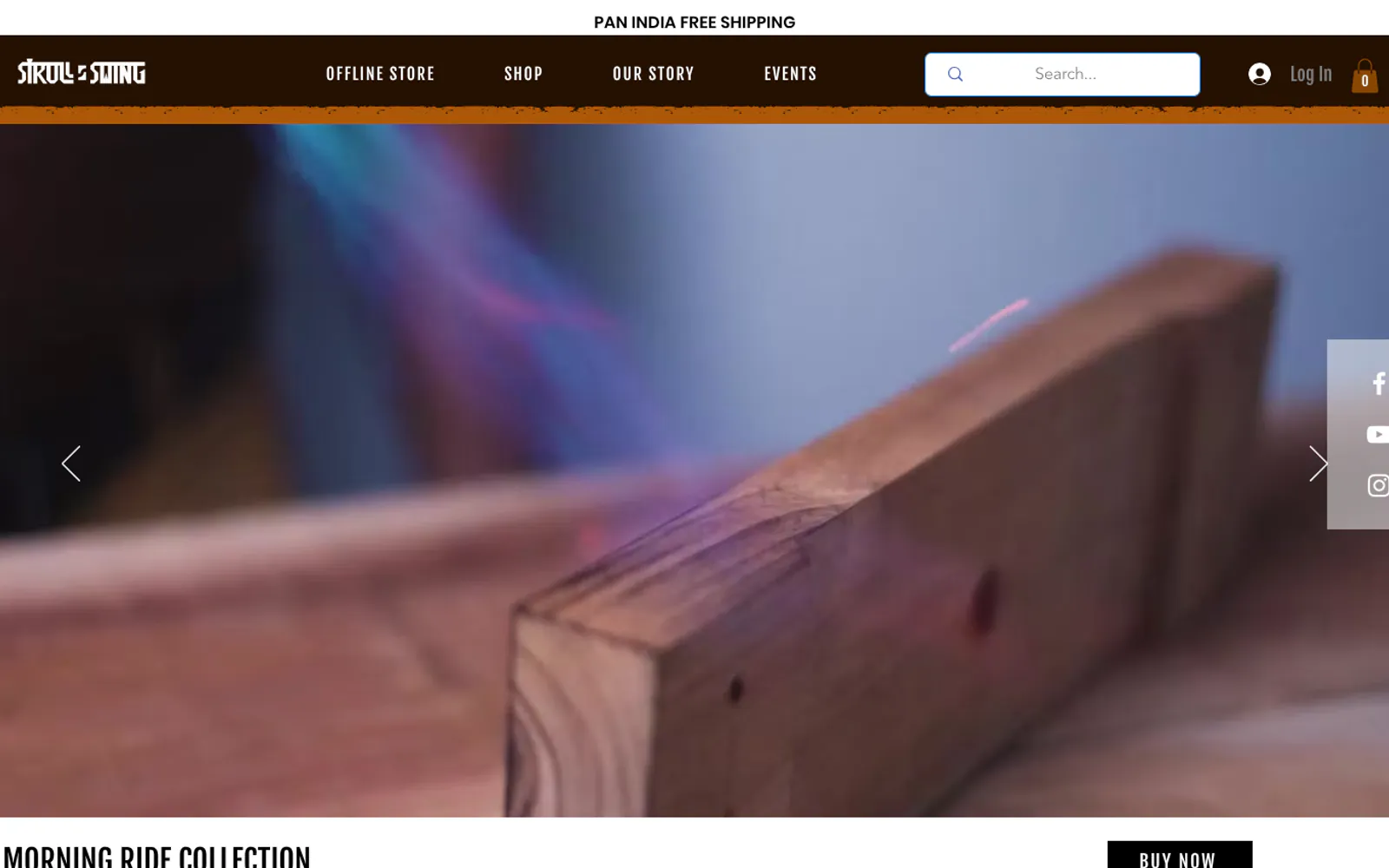 Stroll and Swing store home page: dark header with collections above a workshop video hero